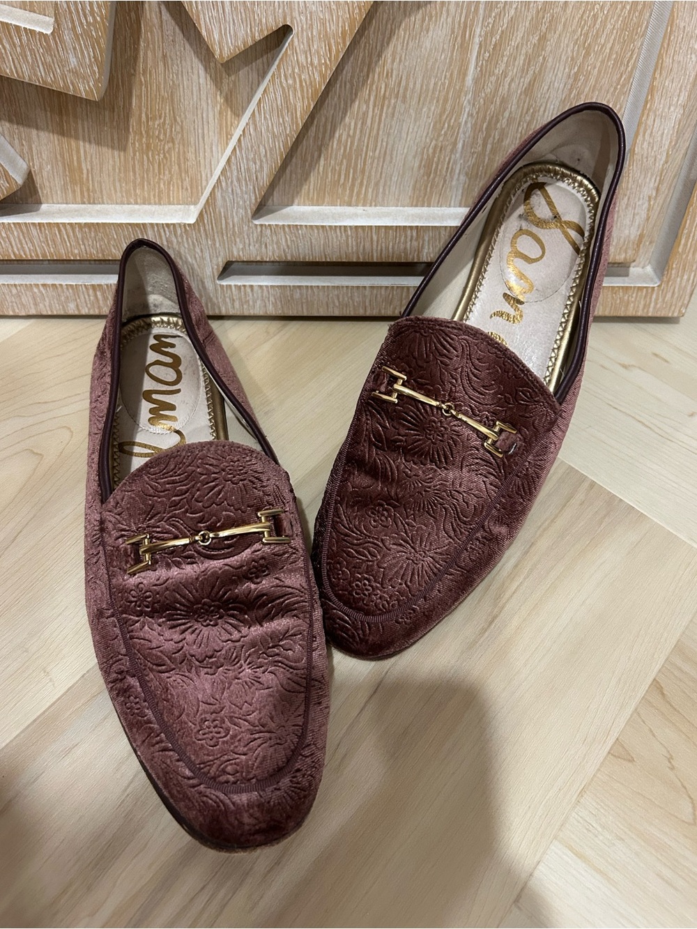 Sam Edelman Loraine Floral Velvet Loafers Dusty Rose Gold Bit Size 9